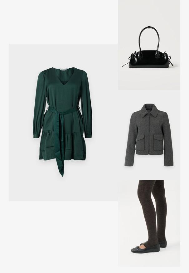 Chaqueta de lana gris oscuro con cremallera frontal, cuello ancho, mangas largas y dos grandes bolsillos con solapa en la cintura.; Vestido verde de manga larga en tejido suave y texturizado. Presenta un escote en V, un lazo en la cintura y una falda con volantes. Diseño simple y elegante.; Piernas con leggings oscuros acanalados combinados con bailarinas negras que presentan pequeños detalles de lazo sobre un fondo blanco.; Pequeño bolso negro brillante con dos asas largas y detalles de cordón lateral sobre un fondo claro liso.