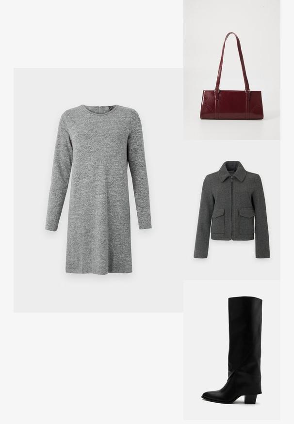 Veste en laine gris foncé avec fermeture éclair sur le devant, large col, manches longues et deux grandes poches à rabat à la taille.; Robe en maille à manches longues, gris clair, avec un col rond et une fermeture éclair dans le dos.; Botte haute en cuir noir avec couture inclinée, bout pointu et talon épais de taille moyenne sur fond blanc.; Sac à main bordeaux en matériau brillant, de forme rectangulaire, avec deux anses et des accents légèrement courbés à l'avant.