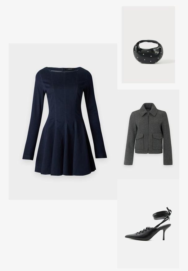 Dunkelgraue Wolljacke mit Frontreißverschluss, breitem Kragen, langen Ärmeln und zwei großen Klappentaschen auf Taillenhöhe.; Navyblaue Denim-Langarmkleid mit tailliertem Oberteil und ausgestelltem Rock, ausgestattet mit dezentem Nahtdetail und rundem Ausschnitt.; Schwarzer spitzer High-Heel-Schuh mit Schnürung vorne und wickelnden Knöchelriemen, die zu einer Schleife gebunden sind, von der Seite auf weißem Hintergrund gezeigt.; Schwarze Lederhandtasche mit abgerundeter Form, verziert mit silbernen Nietenakzenten und kurzem Griff. Glatte Struktur und Reißverschlussverschluss.
