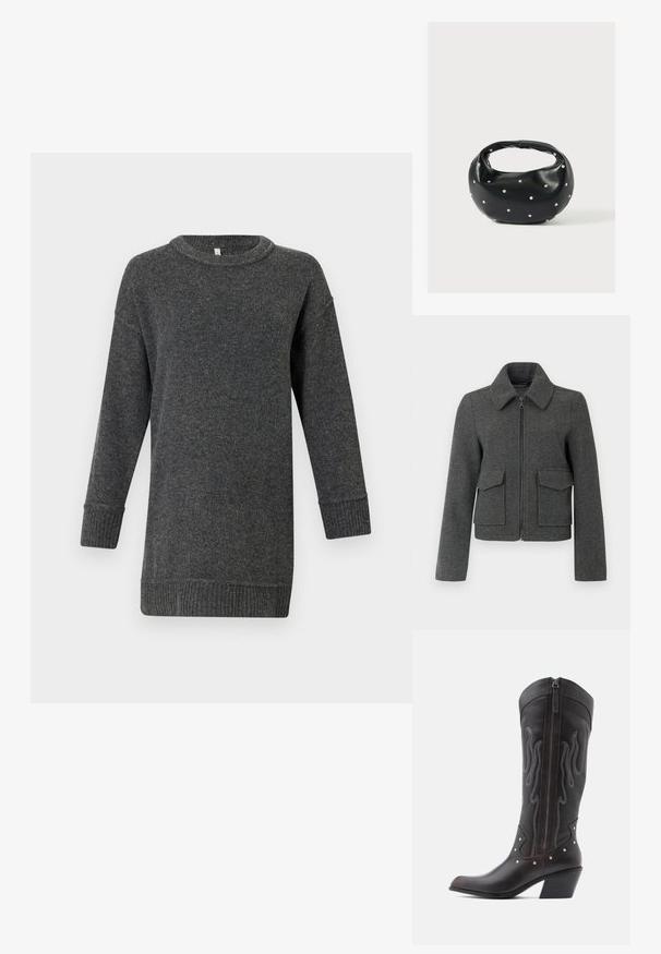 Veste en laine gris foncé avec fermeture éclair sur le devant, large col, manches longues et deux grandes poches à rabat à la taille.; Pull en laine à manches longues gris foncé, avec des poignets et un ourlet côtelés, un col rond et une coupe décontractée.; Bottes de cowboy en cuir marron avec surpiqûres en forme de flammes, fermeture éclair latérale, clous argentés, bout pointu et talon superposé.; Sac à main en cuir noir de forme arrondie, décoré de clous argentés et équipé d'une poignée courte. Texture lisse et fermeture éclair.