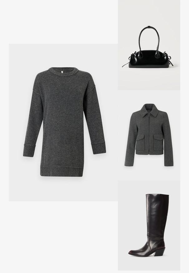 Veste en laine gris foncé avec fermeture éclair sur le devant, large col, manches longues et deux grandes poches à rabat à la taille.; Pull en laine à manches longues gris foncé, avec des poignets et un ourlet côtelés, un col rond et une coupe décontractée.; Botte en cuir brun foncé, à hauteur de genou, avec un bout pointu, un talon bloc angulaire et une texture lisse et brillante. Présente un design épuré et des détails de couture.; Petit sac à main noir brillant avec deux longues anses et des détails à cordon sur les côtés sur un fond clair uni.