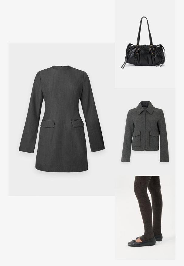 Chaqueta de lana gris oscuro con cremallera frontal, cuello ancho, mangas largas y dos grandes bolsillos con solapa en la cintura.; Vestido gris a medida con mangas largas, escote redondo y dos bolsillos frontales. Hecho de una tela texturada, presenta un diseño elegante y estructurado.; Piernas con leggings oscuros acanalados combinados con bailarinas negras que presentan pequeños detalles de lazo sobre un fondo blanco.; Bolso de mano de cuero negro con forma redondeada, asas dobles, acentos de hardware decorativo y detalles de lazo en los laterales. Textura lisa y brillante.
