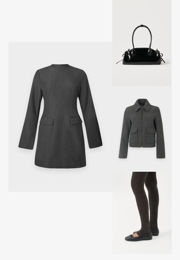 Chaqueta de lana gris oscuro con cremallera frontal, cuello ancho, mangas largas y dos grandes bolsillos con solapa en la cintura.; Vestido gris a medida con mangas largas, escote redondo y dos bolsillos frontales. Hecho de una tela texturada, presenta un diseño elegante y estructurado.; Piernas con leggings oscuros acanalados combinados con bailarinas negras que presentan pequeños detalles de lazo sobre un fondo blanco.; Pequeño bolso negro brillante con dos asas largas y detalles de cordón lateral sobre un fondo claro liso.