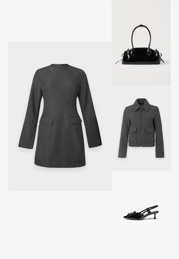 Chaqueta de lana gris oscuro con cremallera frontal, cuello ancho, mangas largas y dos grandes bolsillos con solapa en la cintura.; Vestido gris a medida con mangas largas, escote redondo y dos bolsillos frontales. Hecho de una tela texturada, presenta un diseño elegante y estructurado.; Zapatos de tacón slingback de charol negro con punta afilada, detalle de lazo en el frente y un pequeño tacón de aguja. Las correas tienen hebillas ajustables.; Pequeño bolso negro brillante con dos asas largas y detalles de cordón lateral sobre un fondo claro liso.