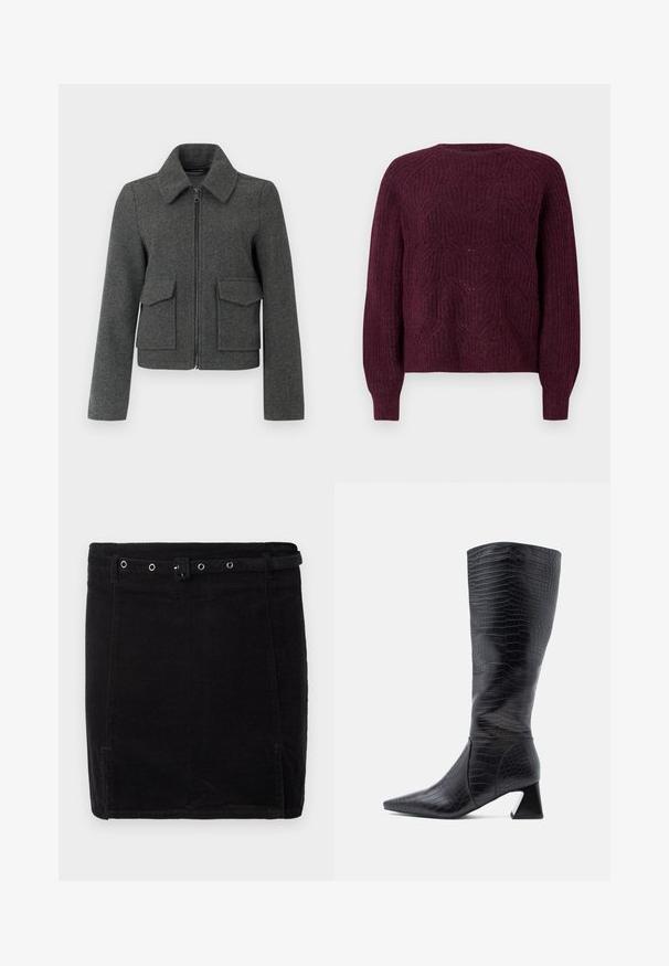 Veste en laine gris foncé avec fermeture éclair sur le devant, large col, manches longues et deux grandes poches à rabat à la taille.; Pull bordeaux avec un motif tricoté texturé, col rond et manches longues avec des poignets côtelés. Matière douce avec une coupe décontractée.; Jupe en velours côtelé noir au design ajusté, dotée d'une ceinture, de détails en métal argenté et d'une texture de côtes verticales discrètes.; Bottes noires montantes jusqu'au genou avec un bout pointu, en cuir synthétique texturé effet crocodile ; elles présentent un talon épais et une finition lisse.