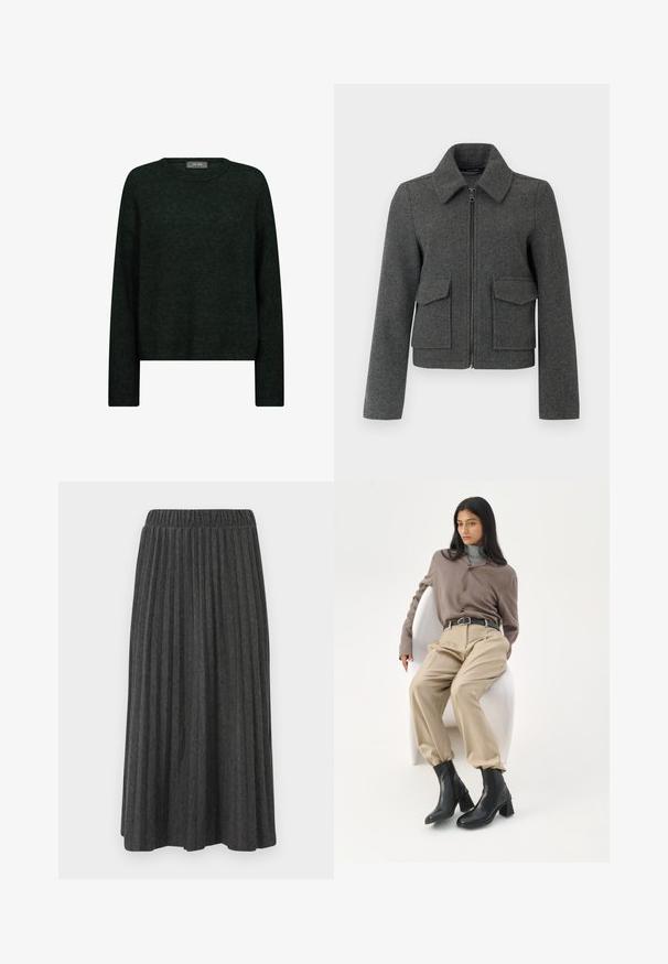 Mørkegrå uldjakke med lynlås foran, bred krave, lange ærmer og to store klaplommer ved taljen.; Mørkegrøn sweater med rund halsudskæring, lange ærmer og en afslappet pasform. Fremstillet af tekstureret stof med subtile tonale mønstre.; Grå plisseret midi-nederdel med elastisk talje, der har lodrette folder og en glat tekstur, velegnet til forskellige lejligheder.; Kvinde med langt sort hår, der læner sig op ad en hvid buet stol iført en taupe bluse, beige bukser, sort bælte og sorte ankelstøvler med hæl.
