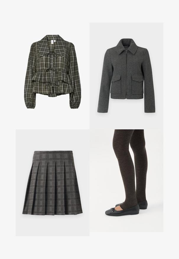 Donkergrijze wollen jas met ritssluiting aan de voorkant, brede kraag, lange mouwen en twee grote klepzakken bij de taille.; Olijfgroene geruite blouse met lange mouwen, oversized kraag, geraffineerde taille, peplumdetail en drie gestrikte strikken aan de voorkant.; Plissé rok in een grijs ruitpatroon, gemaakt van een gestructureerde stof. Kenmerkt zich door verticale plooien en een rechte zoom.; Benen met donkere geribbelde leggings gecombineerd met zwarte ballerina's met kleine strikdetails op een witte achtergrond.