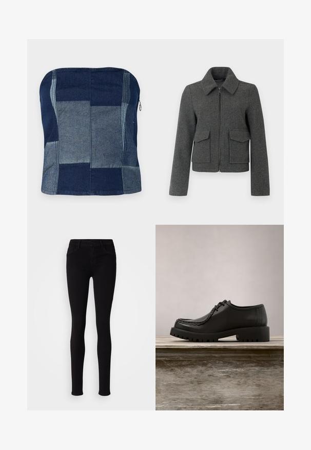 Veste en laine gris foncé avec fermeture éclair sur le devant, large col, manches longues et deux grandes poches à rabat à la taille.; Top en denim sans bretelles marine, avec un design en patchwork de teintes variées, une texture lisse et un détail de fermeture éclair sur le côté.; Pantalons slim fit noirs avec fermeture à bouton, passants de ceinture et poches avant, présentés sur un fond clair et uni.; Chaussure noire en cuir à lacets avec semelle épaisse à rainures, flottant au-dessus d'un banc en bois en plein air avec un fond de feuillage vert.