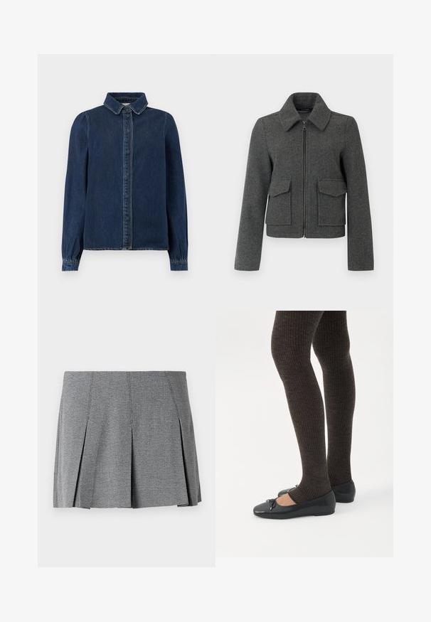 Chaqueta de lana gris oscuro con cremallera frontal, cuello ancho, mangas largas y dos grandes bolsillos con solapa en la cintura.; Camisa de mezclilla azul oscura con un cuello clásico, botones en la parte delantera y mangas largas con puños con frunces. Presenta costuras en contraste en todo su diseño.; Falda mini plisada gris fabricada en tejido texturizado, con un patrón de cuadros y un corte recto que presenta detalles de abertura lateral.; Piernas con leggings oscuros acanalados combinados con bailarinas negras que presentan pequeños detalles de lazo sobre un fondo blanco.