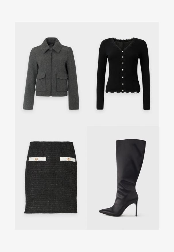 Chaqueta de lana gris oscuro con cremallera frontal, cuello ancho, mangas largas y dos grandes bolsillos con solapa en la cintura.; Cárdigan negro de manga larga con escote en V, borde de encaje y cierre decorativo con botones. Presenta textura acanalada y dobladillo inferior con forma de concha.; Falda de tweed negro con tejido texturizado y un diseño ajustado. Presenta dos acentos de bolsillo blancos con botones en tono dorado.; Bota negra hasta la rodilla con tacón de aguja, hecha de material liso y elegante; punta puntiaguda; ajuste ceñido con un sutil fruncido cerca del tobillo; tacón brillante.