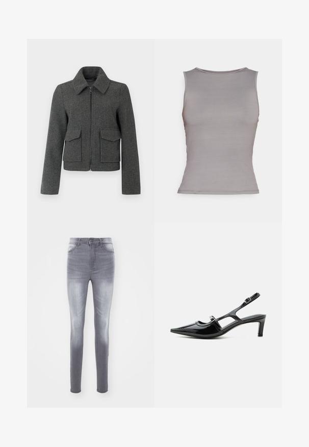 Mørkegrå uldjakke med lynlås foran, bred krave, lange ærmer og to store klaplommer ved taljen.; ONLY ONLEA CUT OUT - Top - december sky; Slanke jeans i falmet grå denim, med høj talje, standard fem-lomme design og subtile slidmærker foran.; Sort laklæder spids tå slingback sko med lav hæl og to justerbare spænder, vist i sideprofil.