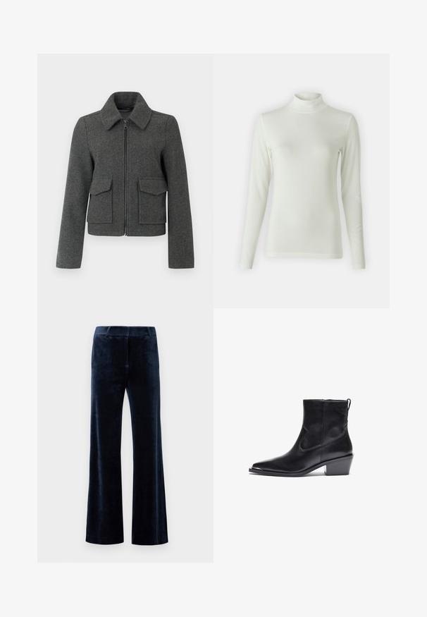 Donkergrijze wollen jas met ritssluiting aan de voorkant, brede kraag, lange mouwen en twee grote klepzakken bij de taille.; Lange mouwen turtleneck-top in lichtcrème, gemaakt van een soepele, rekbare stof. Verstelbaar ontwerp met een geribbeld patroon bij de halslijn.; Marineblauwe flairbroek van zachte fluweel. Heeft een soepele textuur, een op maat gemaakte tailleband en strakke snijkanten. Geen zichtbare hardware of patronen.; Zwarte leren enkelboot met een spitse neus en een lage blokhak. Heeft een zijrits en minimale stiksels voor een stijlvolle uitstraling.