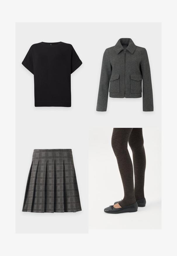 Donkergrijze wollen jas met ritssluiting aan de voorkant, brede kraag, lange mouwen en twee grote klepzakken bij de taille.; Zwarte short-sleeve t-shirt van zacht materiaal, met een ronde halslijn en een relaxte pasvorm, voorzien van een gestikte zoom en zonder zichtbare patronen.; Plissé rok in een grijs ruitpatroon, gemaakt van een gestructureerde stof. Kenmerkt zich door verticale plooien en een rechte zoom.; Benen met donkere geribbelde leggings gecombineerd met zwarte ballerina's met kleine strikdetails op een witte achtergrond.