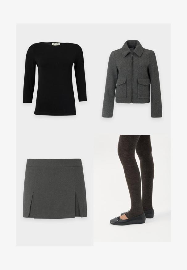 Chaqueta de lana gris oscuro con cremallera frontal, cuello ancho, mangas largas y dos grandes bolsillos con solapa en la cintura.; Top de algodón negro de manga larga con escote barco y forma ajustada. Textura suave con un ligero brillo, sin patrones ni acentos distintivos.; Minifalda gris con una textura suave, que presenta una cinturilla plana y dos aberturas en los lados frontales para un detalle adicional. Diseño casual.; Piernas con leggings oscuros acanalados combinados con bailarinas negras que presentan pequeños detalles de lazo sobre un fondo blanco.