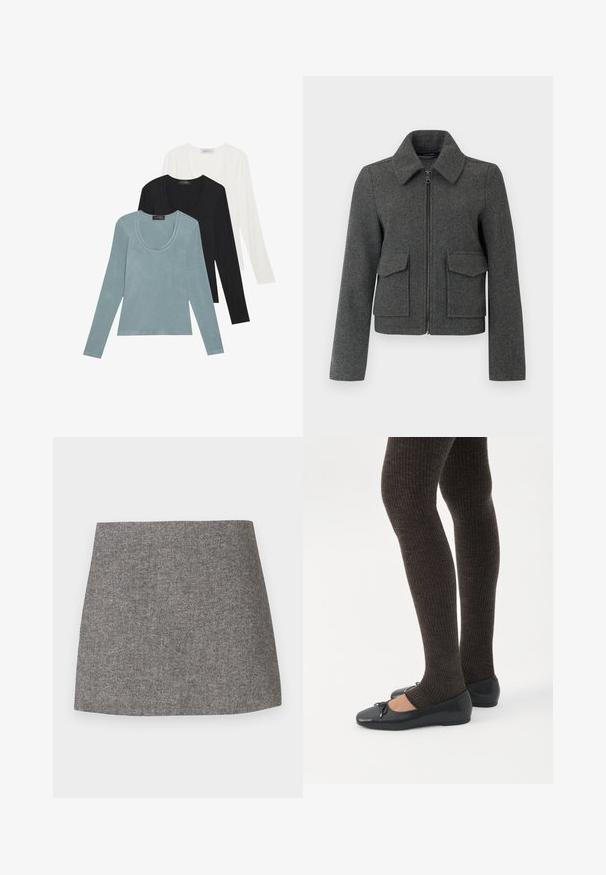 Chaqueta de lana gris oscuro con cremallera frontal, cuello ancho, mangas largas y dos grandes bolsillos con solapa en la cintura.; Tres camisetas de manga larga en azul claro, negro y blanco. El diseño presenta un cuello redondo y una textura de tela suave y ligera.; Falda con patrón de espiga en tejido gris, con una silueta entallada, textura suave y bajo limpio y recto.; Piernas con leggings oscuros acanalados combinados con bailarinas negras que presentan pequeños detalles de lazo sobre un fondo blanco.