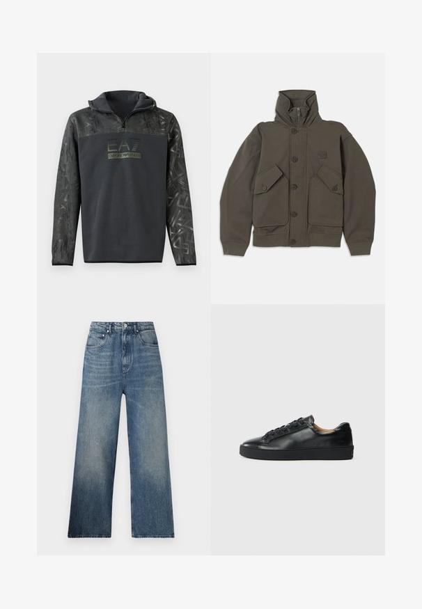 Chaqueta con capucha de color verde oliva, hecha de tela suave, que cuenta con cierres de botón, dos grandes bolsillos frontales y puños acanalados en las mangas.; Sudadera negra con capucha y media cremallera, que cuenta con un patrón gráfico texturizado en las mangas y una impresión de logo en verde oscuro en el pecho.; Jeans de mezclilla azul de pierna ancha con cintura alta, que presentan un desgaste sutil, cinco bolsillos y un cierre de botón metálico en la parte delantera.; Zapatilla negra de cuero con una textura suave, puntera redonda y cierre de cordones. Presenta una suela de goma gruesa y un detalle de marca mínimo.