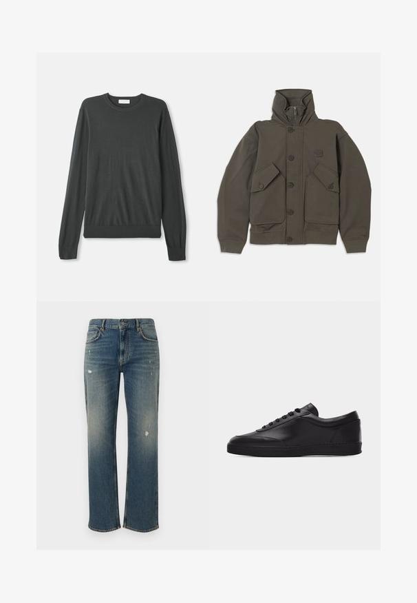 Olijfgroene hoodie jas van zachte stof, met knoopsluitingen, twee grote voorzakken en geribbelde manchetten bij de mouwen.; Donkergrijze lange mouw gebreide trui met een ronde halslijn, aansluitende manchetten en een geribbelde zoom. Glad textuur zonder zichtbare patronen of versieringen.; Spijkerbroeken in medium blauw met een rechte snit, met lichte vervaging en versleten stukken. Klassiek vijf-pocket ontwerp en sluiting met bovenste knoop.; Zwarte lage leren sneaker met vetersluiting aan de voorkant en een platte rubberen zool, gezien van de zijkant tegen een effen witte achtergrond.