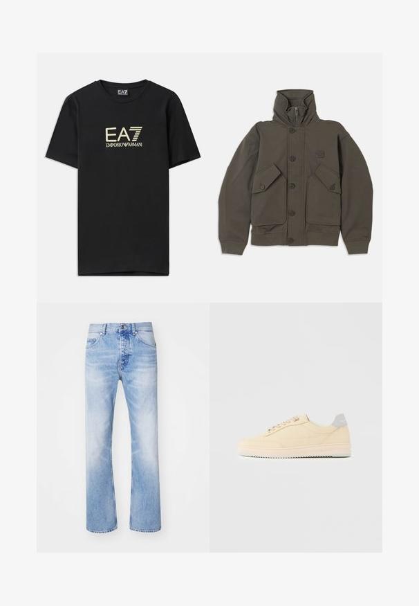 Olivgrüne Kapuzenjacke aus weichem Stoff, ausgestattet mit Knopfverschlüssen, zwei großen Fronttaschen und gerippten Bündchen an den Ärmeln.; Schwarzes Baumwoll-T-Shirt mit einem goldenen EA7 Emporio Armani-Logo auf der Brust. Kurze Ärmel und Rundhalsausschnitt.; Hellblaue Denim-Jeans mit geradem Bein, im klassischen Fünf-Taschen-Design und einem dezenten Ausbleichmuster.; Beiger Sneaker in niedrigem Design mit Schnürverschluss vorne, hellrosa Sohle und grauem Fersenlasche mit der Marke "Filling Pieces", seitlich auf neutralem Hintergrund gezeigt.