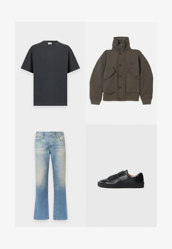 Veste à capuche vert olive en tissu doux, dotée de fermetures à boutons, de deux grandes poches avant et de manches à côtes.; T-shirt noir à manches courtes avec col rond et ourlet droit, présenté à plat sur un fond gris clair.; Jean évasé en denim bleu clair avec une finition délavée, design à cinq poches, fermeture par bouton en métal et ourlets droits.; Baskets en cuir noir avec une texture lisse, bout rond et fermeture à lacets. Comprend une semelle en caoutchouc épaisse et un minimum de détails de marque.