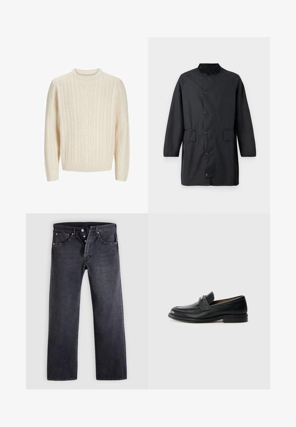 Barbour COUNTRY - Manteau classique - navy; Pull en tricot couleur crème présentant un motif de côtes texturé, un col rond, et des poignets et un ourlet à côtes. Tissu doux et épais.; Jean en denim noir avec une coupe droite, design à cinq poches, et boutons en cuivre. Texture lisse avec une légère finition délavée.; Mocassins en cuir noir avec une finition lisse, dotés d'une bande supérieure texturée, d'un talon bas et de détails de couture minimalistes.