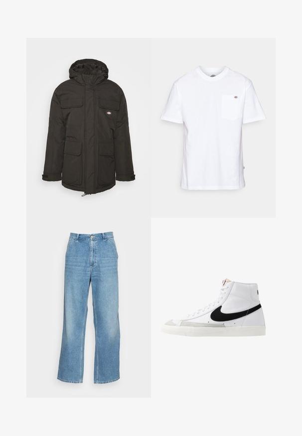 Zwarte geïsoleerde parka jas met capuchon, voorzien van meerdere zakken aan de voorkant, ritssluiting en verstelbare trekkoord aan de zoom.; Witte katoenen t-shirt met een ronde hals, korte mouwen en een borstzak met een klein merklogo aan de linkerkant.; Lichtblauwe wijde jeans gemaakt van denim. Heeft een hoge taille, knoopsluiting en een standaard vijf-pocket ontwerp. Gladde textuur.; Witte hoge sneakers met een zwarte swoosh, textuur grijze neus en een vlakke witte zool. Kenmerkt zes veteropeningen en gestikte accenten.