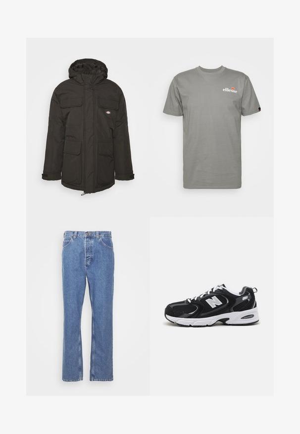 Zwarte geïsoleerde parka jas met capuchon, voorzien van meerdere zakken aan de voorkant, ritssluiting en verstelbare trekkoord aan de zoom.; Grijze korte mouw t-shirt van katoen. Bevat een logo op de borst en een label op de mouw. Eenvoudig, onopgesmukt ontwerp en een gladde textuur.; Blauwe denim jeans met een rechte pasvorm, vijf zakken, riemlussen en een knoopsluiting. De stof heeft een zachte, gestructureerde afwerking.; Zwarte en grijze sport schoenen met een bovenwerk van mesh en suede, voorzien van een witte tussenzool, veters en een gedurfde "N"-logo aan de zijkant.