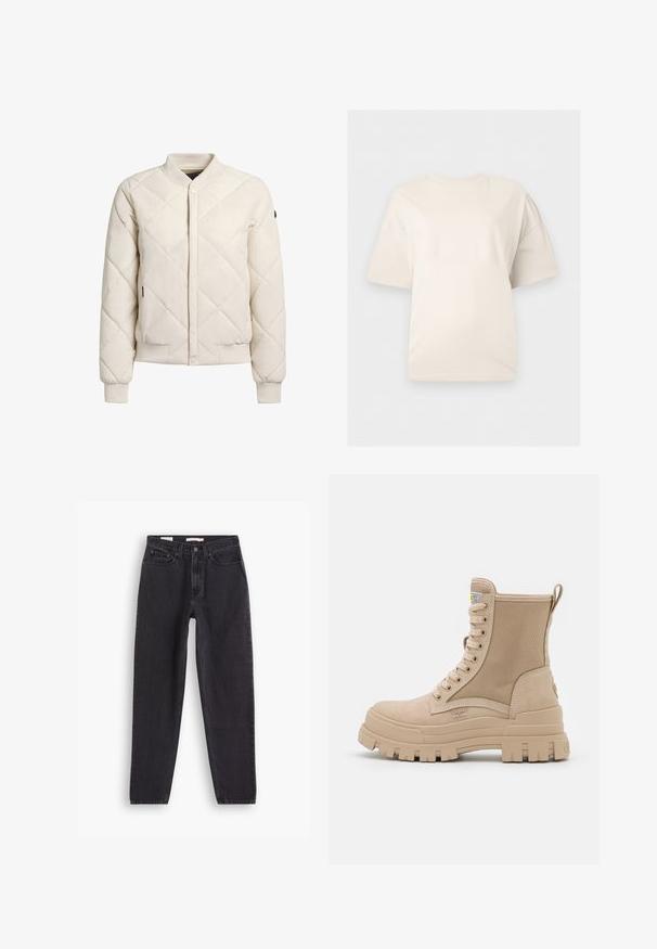 Quilted bomberjakke i lys beige, med trykknaplukning, ribbede manchetter og en struktureret krave med diskret brandingdetalje.; Enkelt off-white kortærmet T-shirt med rund halsudskæring, vist mod en neutral lysegrå baggrund.; Sorte denim jeans med lige ben-design, der har fem lommer, lukning med knap foran og syninger langs sømmene.; Beige snørestøvle til anklen med tyk rillede sål og tekstureret sidepanel, der viser mærkeetiketten og trækskiven bagpå.