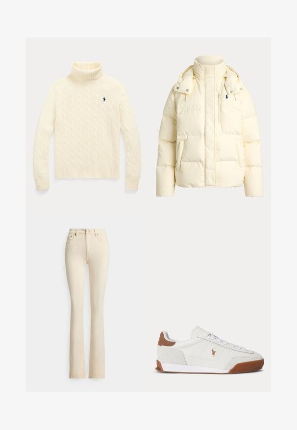 Veste d'hiver matelassée couleur crème avec col haut, capuche, poche avant zippée et poches latérales, avec un petit logo brodé sur la poitrine.; Pull col roulé crème en maille torsadée avec manches longues et petit logo bleu marine brodé sur la poitrine gauche.; Jean évasé beige avec une taille haute, deux poches avant et une fermeture par bouton. Texture lisse et détails de couture minimalistes.; Baskets basses blanches avec des accents en daim marron au talon et à l’orteil, des lacets blancs et un petit logo brodé marron sur le côté.