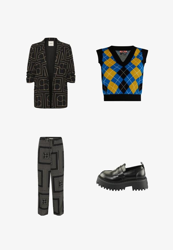 Blazer negro con patrón geométrico de cuadrados y círculos en tono beige, con frente abierto y mangas 3/4 fruncidas.; Suéter sin mangas con escote en V, que presenta un patrón de rombos en azul, amarillo, negro y blanco, rematado con un dobladillo acanalado negro.; Pantalones negros con un patrón geométrico de líneas y cuadrados blancos, diseñados con una cintura ajustable y un corte de pierna ancha.; Mocasines de cuero negro con una suela gruesa de goma negra texturizada. Presentan una puntera redonda y una correa decorativa en el empeine.