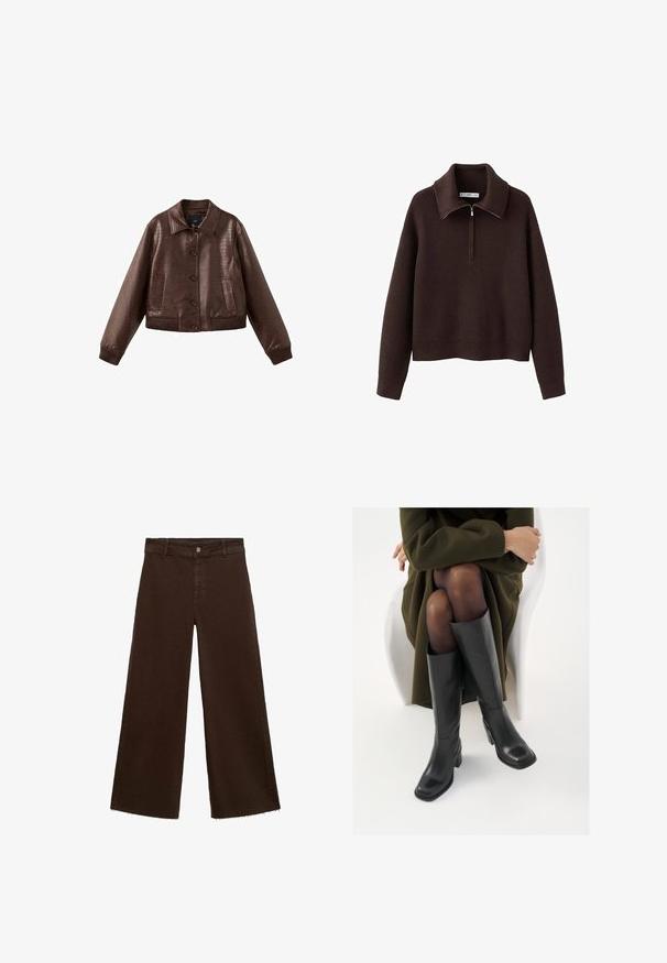Braune Jacke aus Kunstleder in Kurzform mit strukturiertem Krokodilmuster, Knopfleiste vorne, großem Kragen, gerippten Bündchen und zwei Vordertaschen.; Brauner, gerippter Pullover mit hohem Kragen und halbtransparentem Reißverschluss. Verfügt über eine lockere Passform und eine weiche Textur.; Braune, weit geschnittene Hosen aus Baumwollmischung mit fransigem Saum, vorderem Knopfverschluss und klassischem Fünf-Taschen-Design. Minimalistisch und vielseitig.; Knöchelhöhe schwarze Lederstiefel mit quadrater Spitze und Blockabsatz, gezeigt mit einem Modell, das einen olivgrünen Mantel trägt. Glatte Textur, minimale Details.