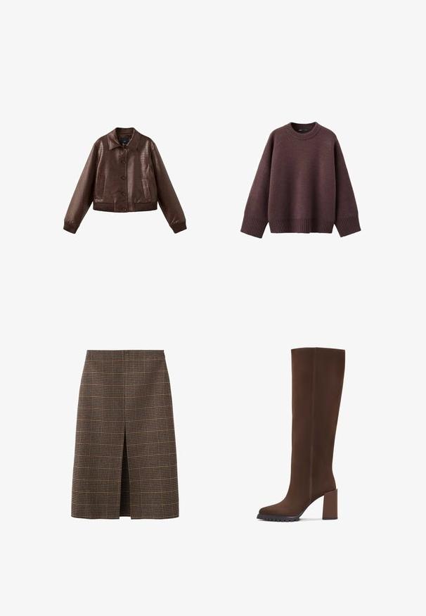 Brun kort jakke i kunstlæder med tekstureret krokodillemønster, knaplukning foran, bred krave, ribstrikkede manchetter og to forlommer.; Løs pasform sweater i mørk bordeaux, lavet af blødt strikket stof. Har en ribstrikket rund hals, vide ærmer og en ribstrikket kant.; Brunternetternet plaid nederdel med lige snit, knælang, med en forreste slids. Stoffet har en tekstureret finish med subtile farvekontraster.; Brune knæhøje støvler lavet af blødt stof, med firkantet tå, blokhæl og en tekstureret gummisål. Rene linjer uden udsmykning.
