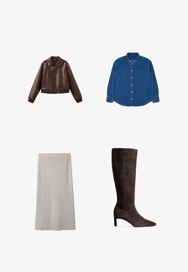 Bruine nep-lederen cropped jack met een geprofileerd krokodillenpatroon, knoopsluiting aan de voorkant, brede kraag, geribde manchetten en twee zakken aan de voorkant.; Blauwe denim overhemden met een puntkraag, lange mouwen en witte knopen. Heeft een klassieke pasvorm en een subtiele textuur.; Beige rechte rok tot de knie met een eenvoudige, gladde structuur en zonder zichtbare patronen of versieringen.; Bruine suede kniehoge laars met een puntige neus en een hak van 7,5 cm. Glad textuur, slanke silhuet en minimalistisch ontwerp.