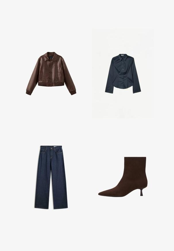 Veste courte en simili cuir marron avec motif texturé crocodile, fermeture avant à boutons, col large, poignets côtelés et deux poches avant.; Chemise bleu marine à manches longues en tissu de coton lisse. Elle présente un col pointu, des boutons sur le devant et une coupe ajustée avec un ourlet courbé.; Jean en denim sombre à jambes larges avec cinq poches, coutures visibles et fermeture à bouton. Présente une coupe droite et un léger effet vieilli.; Bottine en daim marron avec un bout pointu et un petit talon fin. Surface lisse, design sans coutures, silhouette discrète.
