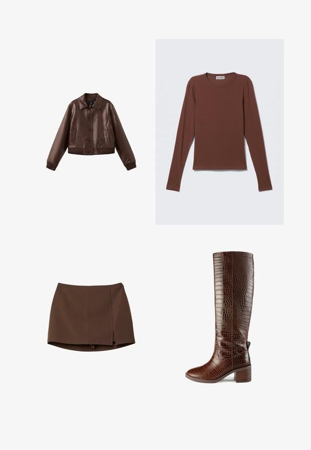 Veste courte en simili cuir marron avec motif texturé crocodile, fermeture avant à boutons, col large, poignets côtelés et deux poches avant.; T-shirt à manches longues en tissu marron foncé. Il présente un col rond et un design simple et ajusté sans motifs ni éléments métalliques visibles.; Mini-jupe marron en tissu lisse, avec une fente frontale, des lignes épurées et une coupe structurée. Sans poches ni détails métalliques apparents.; L37 SIMPLE LIFE - Bottes - brown