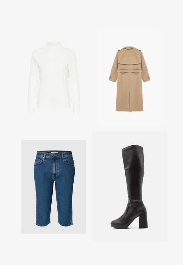 Beige trenchcoat lavet af glat stof, med dobbeltbrystet design, rygklap og bælte i taljen med knapdetaljer på ærmerne.; Hvid kabelstrikket sweater med høj hals, lange ærmer og struktureret mønster. Stoffet ser blødt og let strækbart ud.; Blå denim knælange shorts med forreste knap, lynlås, bæltestropper og fem-lomme design.; Brune knæhøje støvler i kunstlæder med tyk hæl, rund tå, sømløs design og elastisk sidepanel for forbedret pasform og komfort.