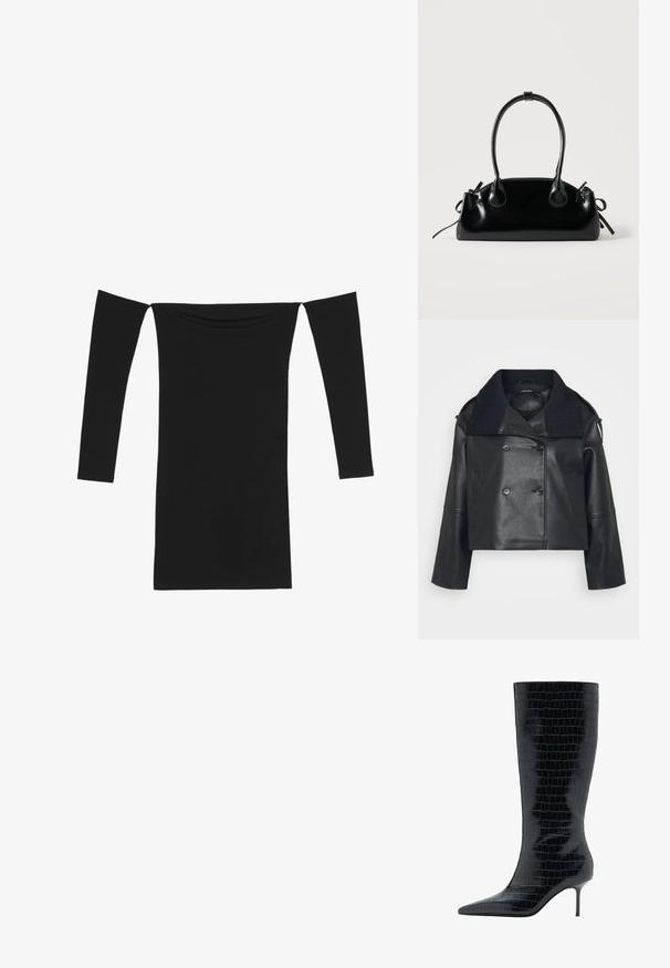 Veste en cuir noir courte avec un design à double boutonnage, grand col texturé, poches latérales et détails de couture subtils.; Even&Odd Robe de soirée - black; Botte noire jusqu'au genou à talon aiguille avec un bout pointu, texture croco brillante et silhouette élégante. Caractérisée par un talon fin et haut.; Petit sac à main noir brillant avec deux longues anses et des détails à cordon sur les côtés sur un fond clair uni.