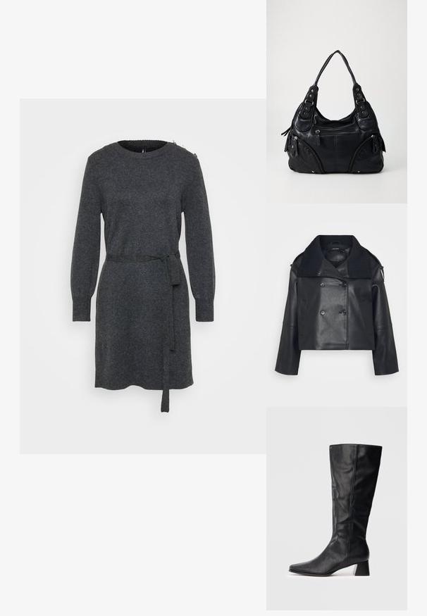 Schwarze, kurze Lederjacke im doppelreiherigen Design, mit großem strukturiertem Kragen, Seitentaschen und feinen Steppdetails.; Kollerschwarz gestricktes Langarmkleid mit Rundhalsausschnitt, seitlichem Bindegürtel, gerippten Bündchen und Knopfdetails an der linken Schulter.; Schwarze Lederstiefel in Knöchelhöhe mit spitzer Zehe und Blockabsatz auf schlichtem, hellen Hintergrund.; Schwarze Ledertasche mit doppelten Griffen, vorderen Reißverschlusstaschen und metallenen Nieten, vor einem schlichten hellen Hintergrund.