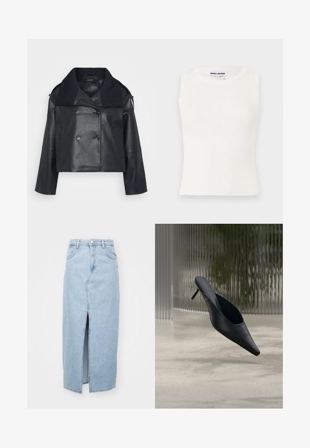 Zwart leren cropped jack met een dubbelzijdig ontwerp, grote textuurkraag, zijzakken en subtiele stiktekeningen.; Witte mouwloze ribgebreide top met een ronde hals, gemaakt van rekbare stof. Beschikt over een label met de tekst "DKNY JEANS" op de kraag.; Lichtblauwe denimrok met een voorkap, riemlussen en een klassieke vijf-pocket ontwerp. Soepele textuur met een nette afwerking.; Zwarte mule met puntige neus en dunne hoge hak, die boven een gladde betonnen vloer zweeft, met een wazige verticale gestreepte achtergrond.