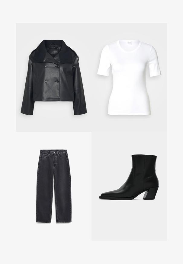 Zwart leren cropped jack met een dubbelzijdig ontwerp, grote textuurkraag, zijzakken en subtiele stiktekeningen.; Wit T-shirt met korte mouwen van glad katoen, met een ronde halslijn en een aangesloten pasvorm. Klassiek ontwerp, zonder patronen of accenten.; Zwarte denim jeans met een rechte pasvorm, voorzien van voorzakken, een knopenfly en subtiele vervaging op de stof.; Zwarte leren enkelboot met een spitse neus, een slanke silhoeet en een chunky vierkante hak. Gladde textuur met minimale stikdetails.