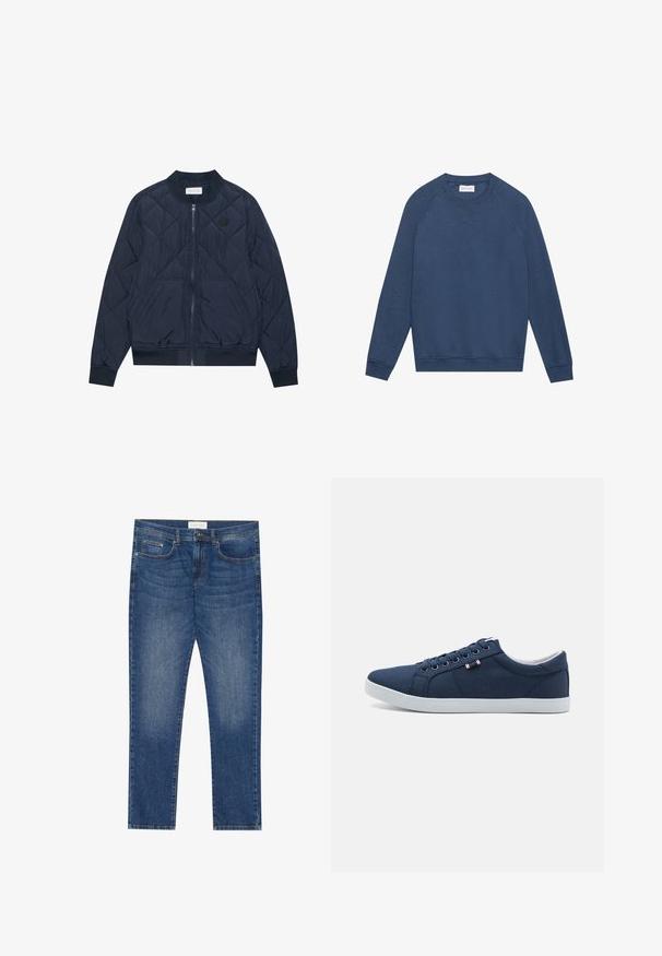 Marineblaues wattiertes Bomberjacke mit einem Reißverschluss an der Vorderseite, gerippten Bündchen, Seitentaschen und einem runden Logo-Patch auf der Brust. Hergestellt aus leichtem Material.; Langärmliges, blaues Crewneck-Sweatshirt mit Raglanärmeln, gerippten Bündchen und Saum sowie einem kleinen gestickten "X"-Detail unterhalb des Kragens.; Herren Jeans aus blauem Denim mit geradem Schnitt, fünf Taschen, leichtem Verwaschungsdetail sowie einem standardmäßigen Knopf- und Reißverschluss.; Marineblaue Leinenschuhe mit weißen Gummisohlen, runder Zehenpartie und sechs Paar Ösen für Schnürsenkel. Mit Logo-Etikett an der Seite.