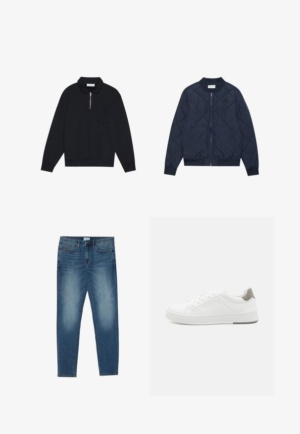 Mørkeblå quiltet bomberjakke med frontlynlås, ribstrikkede manchetter, sidelommer og et cirkulært logo patch på brystet. Fremstillet af letvægtsmateriale.; Pier One Sweatshirt - black; Denimjeans i midtblå med en falmet vask, fem-lomme design, lige ben pasform og broderede detaljer. Knap- og lynlåslukning.; Hvid sneaker lavet af glat læder, rund tå, minimalistisk design, grå hælafsats og tekstureret gummisål.