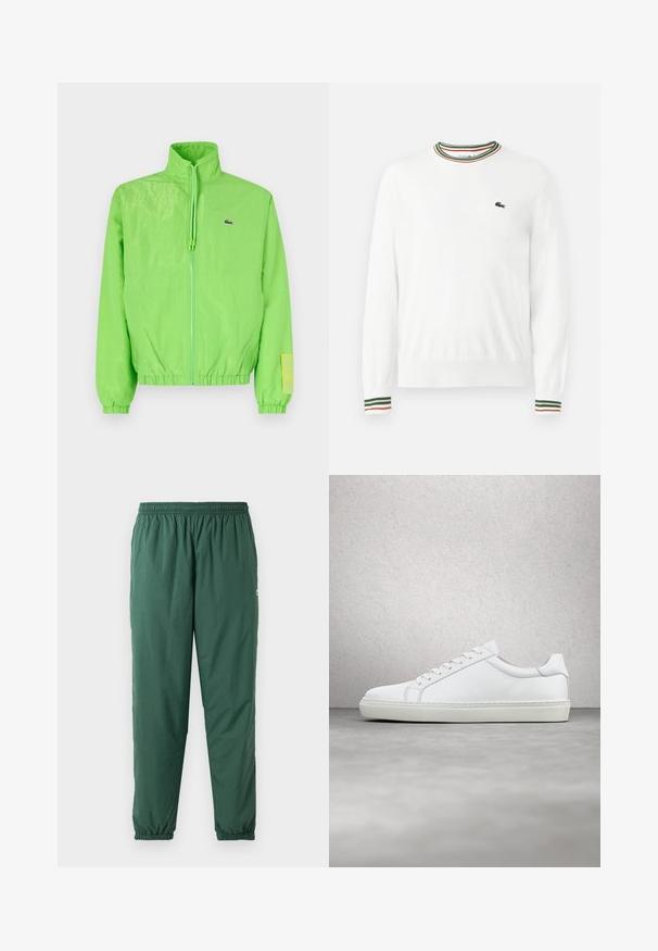 Veste coupe-vent verte avec un col montant, fermeture éclair à l'avant, poignets élastiques et ourlet. Présente un petit logo et un accent en étiquette sur la manche.; Pull blanc à col rond, avec des accents rayés verts, rouges et oranges sur le col et les manches. Logo Lacoste sur la poitrine.; Pantalons verts, légers et élastiques avec une taille et des poignets froncés, fabriqués dans un matériau lisse et résistant à l'eau.; Sneaker blanche avec une tige en cuir lisse et un profil bas. Présente un bout arrondi, six œillets et une semelle en caoutchouc texturé.