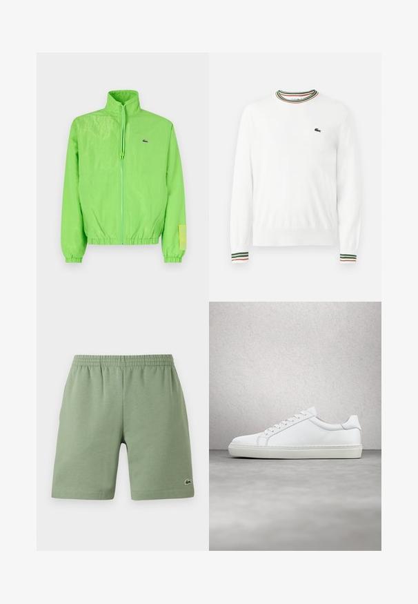 Grøn vindjakke med høj krave, lynlåslukning foran, elastiske manchetter og nederste kant. Har et lille logo og en labeldetalje på ærmet.; Hvid sweater med rund hals, prydet med grønne, røde og orange striber på kraven og ærmerne. Lacoste-logo på brystet.; Grønne bomuldsshorts med elastisk talje, afslappet pasform og et lille broderet logo på nederste venstre side. Glat tekstur, ingen lommer.; Hvide sneakers med en glat læderoverdel og lav profil. Har en rund tå, seks snørehuller og en tekstureret gummisål.