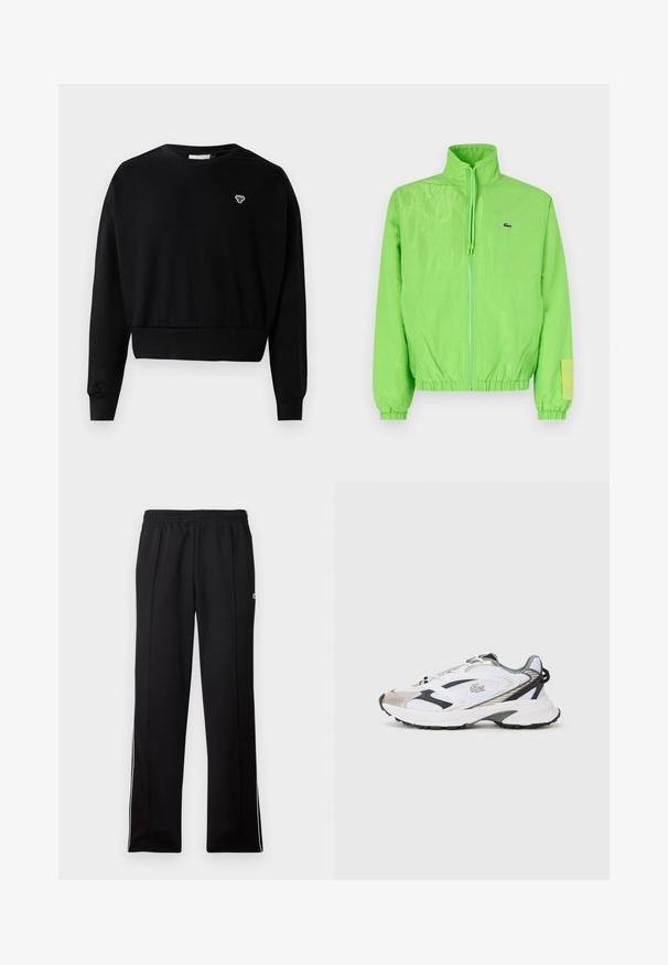 Grøn vindjakke med høj krave, lynlåslukning foran, elastiske manchetter og nederste kant. Har et lille logo og en labeldetalje på ærmet.; Sort cropped sweatshirt med rund halsudskæring, lange ærmer og et lille broderet logo på brystet, lavet af en blød bomuldsblanding.; Sort hel lange træningsbukser med elastisk talje og hvide sidestrimler, der har et lille grønt logo på den øverste side.; Hvide sportsko med sølv- og sorte detaljer, mesh-overdel, struktureret sål og et strømlinet design med et logo på siden.