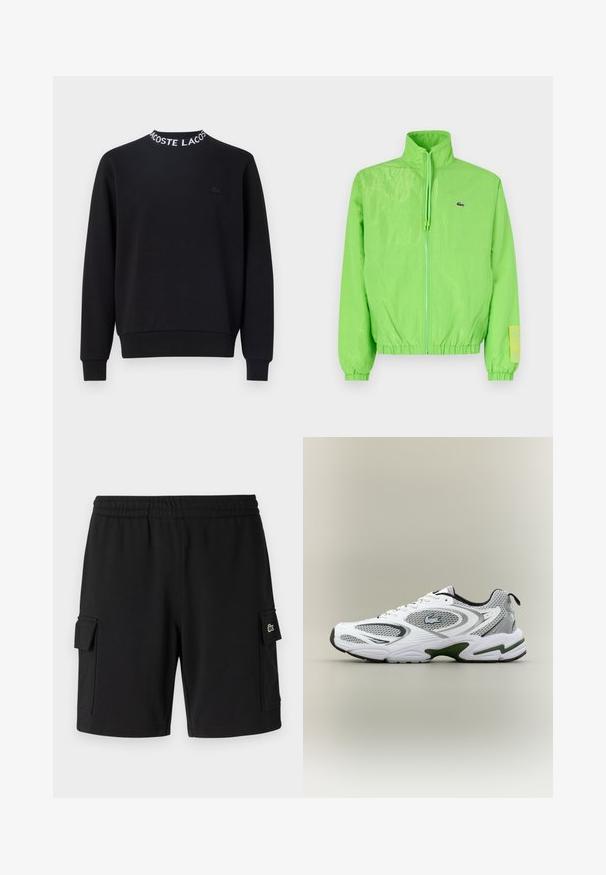Veste coupe-vent verte avec un col montant, fermeture éclair à l'avant, poignets élastiques et ourlet. Présente un petit logo et un accent en étiquette sur la manche.; Sweatshirt noir avec un col rond, texte "LACOSTE" en blanc, poignets et ourlet côtelés, et un petit logo noir sur la poitrine.; Shorts noirs en tissu doux, dotés d'une taille élastique, de deux poches cargo latérales et d'une petite patch logo sur une poche.; Baskets de course blanches et grises avec des panneaux en mesh, accents verts, détails noirs et un logo sur le côté, présentées par l'extérieur.