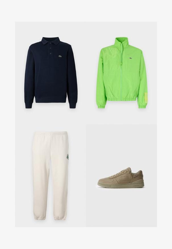 Grüne Windjacke mit hohem Kragen, Reißverschluss vorne, elastischen Bündchen und Saum. Verfügt über ein kleines Logo und ein Etikett-Detail am Ärmel.; Navyblaues Langarm-Polohemd mit Knopfleiste und kleinem grünen Krokodil-Logo auf der Brust.; Helle beige Sweatpants aus Baumwolle mit einem elastischen Bund, gerippten Bündchen und einem grünen Logo mit Blattdesign am linken Bein.; Lacoste Sneaker aus hellbraunem Leder mit glatter Textur, Schnürdesign und einer grünen Gummisohle mit Branding an der Seite.