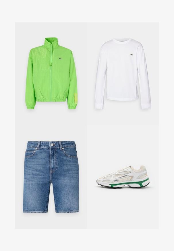Veste coupe-vent verte avec un col montant, fermeture éclair à l'avant, poignets élastiques et ourlet. Présente un petit logo et un accent en étiquette sur la manche.; T-shirt blanc à manches longues en coton. Doté d'un col rond côtelé et d'un petit logo vert brodé sur la poitrine. Design simple.; Shorts en denim avec un délavage bleu moyen, coupe droite, design à cinq poches et fermeture par bouton supérieur. Présente des coutures contrastées.; Sneaker blanc avec accents verts et semelle en caoutchouc noir. Comprend des panneaux en mesh et en synthétique, avec une finition texturée et des coutures visibles.
