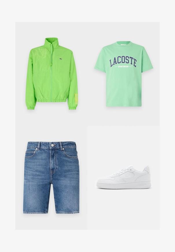 Groene windbreakers met een hoge kraag, ritssluiting aan de voorkant, elastische manchetten en zoom. Bevat een klein logo en een labelaccent op de mouw.; Groene katoenen T-shirt met ronde hals. Voorzien van vetgedrukte marineblauwe tekst "LACOSTE" en "SPORTSWEAR" over de borst. Korte mouwen.; Denim shorts in een middelblauwe wassing met een rechte snit, vijf-pocket ontwerp en sluiting met een bovenste knoop. Heeft contrasterende stiksels.; Witte leren sneaker met geperforeerde neus, platte veters en gevoerde kraag. Voorzien van een geperst logo aan de zijkant en een getextureerde rubberen zool.