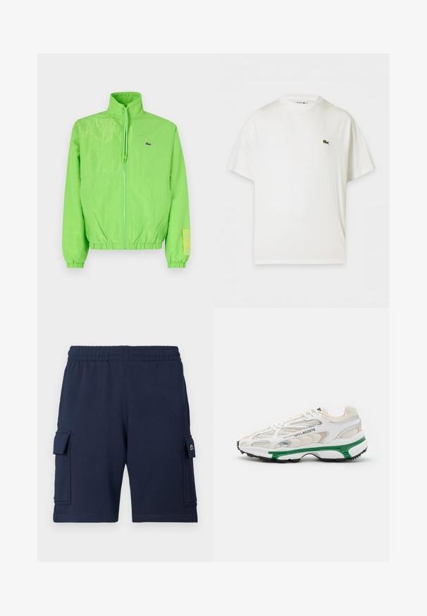 Veste coupe-vent verte avec un col montant, fermeture éclair à l'avant, poignets élastiques et ourlet. Présente un petit logo et un accent en étiquette sur la manche.; T-shirt blanc à manches courtes avec col rond et petit logo crocodile vert sur la poitrine gauche.; Shorts cargo bleu marine en tissu doux, dotés d'une ceinture élastique, de deux poches latérales et d'un petit logo sur la poche gauche.; Sneaker blanc avec accents verts et semelle en caoutchouc noir. Comprend des panneaux en mesh et en synthétique, avec une finition texturée et des coutures visibles.