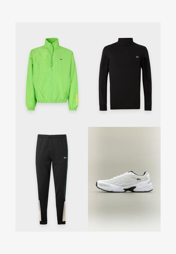 Groene windbreakers met een hoge kraag, ritssluiting aan de voorkant, elastische manchetten en zoom. Bevat een klein logo en een labelaccent op de mouw.; Zwarte turtleneck met lange mouwen, gemaakt van een gladde katoenstof, met een klein groen krokodillogo op de linkerborst.; Zwarte sweatpants met groene zijstrepen en beige accenten bij de boorden. Elastische tailleband en Lacoste-logo aan de voorkant. Glad textuur.; Witte sportieve schoen met een textuur van gaas bovenwerk, gebogen ontwerp en contrasterende zwarte zool. Heeft een groen geborduurd logo aan de zijkant.